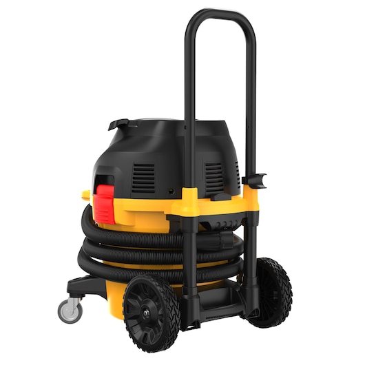 DEWALT DWV905H industrial vacuum cleaner in black and yellow, featuring a sturdy frame, large wheels and a hose wrapped around the body. The vacuum is designed for heavy-duty use and mobility.