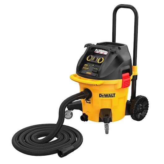 DEWALT DWV905H industrial vacuum cleaner with yellow and black design, large wheels, handle for portability, and a flexible hose coiled in front.