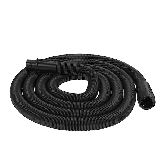 A coiled black corrugated hose with connectors on each end, designed for use with DEWALT equipment.