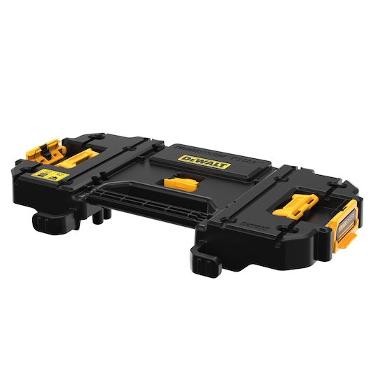 A black and yellow DEWALT toolbox lid attachment with handles and secure locking mechanisms, designed for modular tool storage.