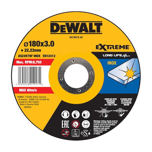 DEWALT DX7967S-AE 180mm cutting disc for metal, long life, max 8,750 RPM, safety and usage icons shown.