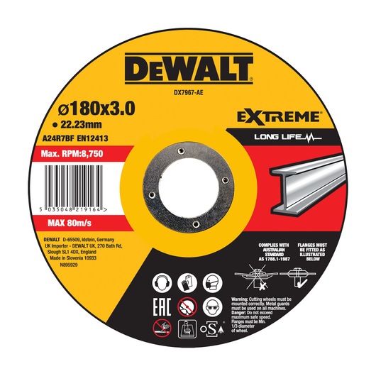 DEWALT cutting disc for metal, model DX7967, DX7967-AE, 180x3.0mm, max 8750 RPM, EXTREME series, photography category.