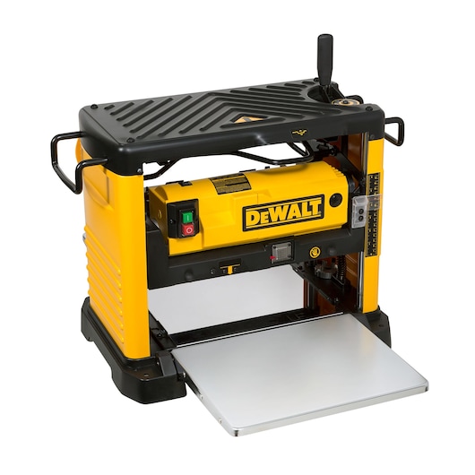 DEWALT DW733 yellow benchtop planer with black handles and metal base, used for woodworking projects.